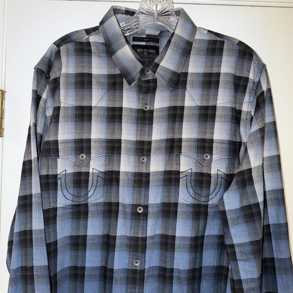 True Religion Shirt Mens XL Plaid Button Up Long Sleeve Embroidered Slim - Picture 2 of 13